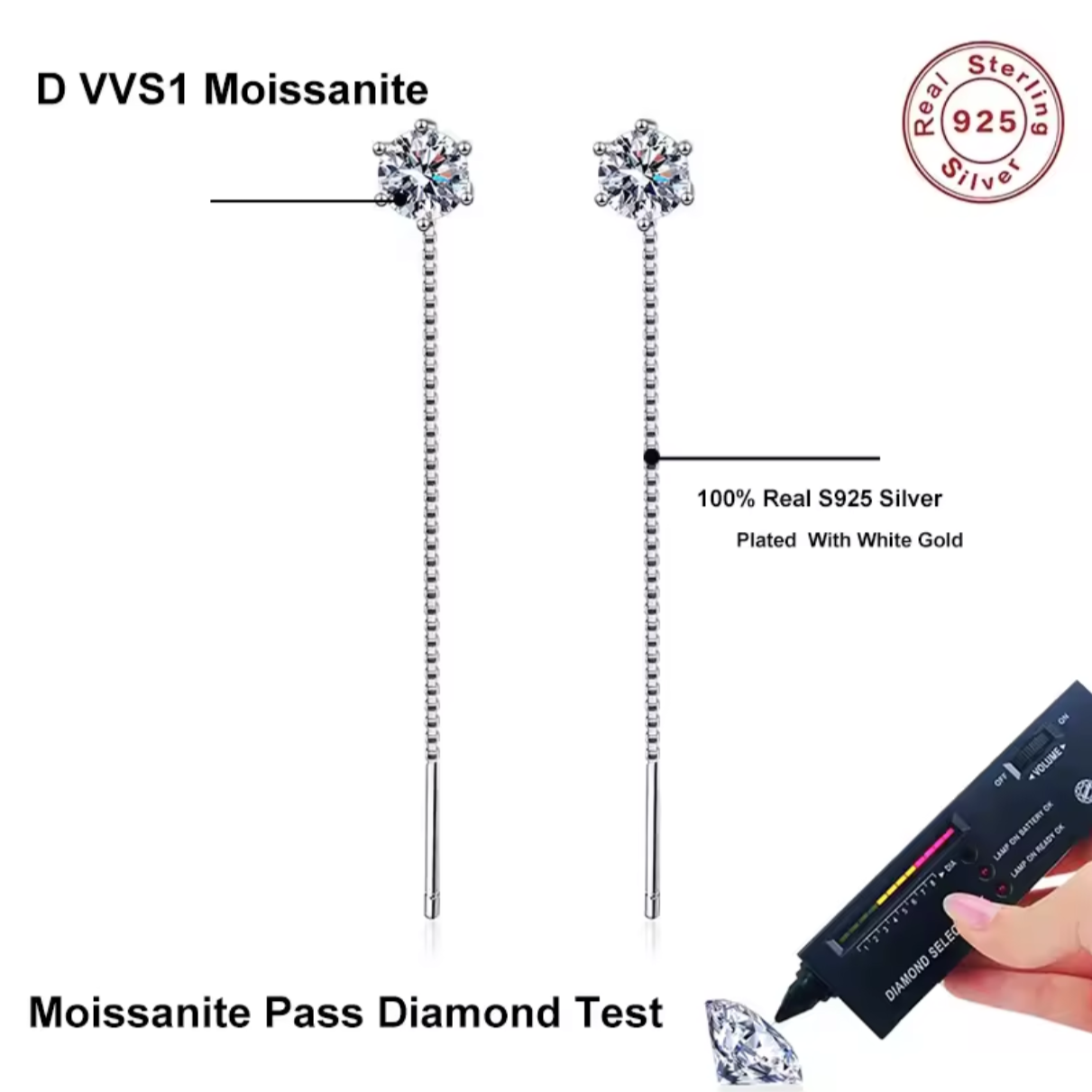 Kolczyki Moissanit 0,5 ct na łańcuszku srebro 925