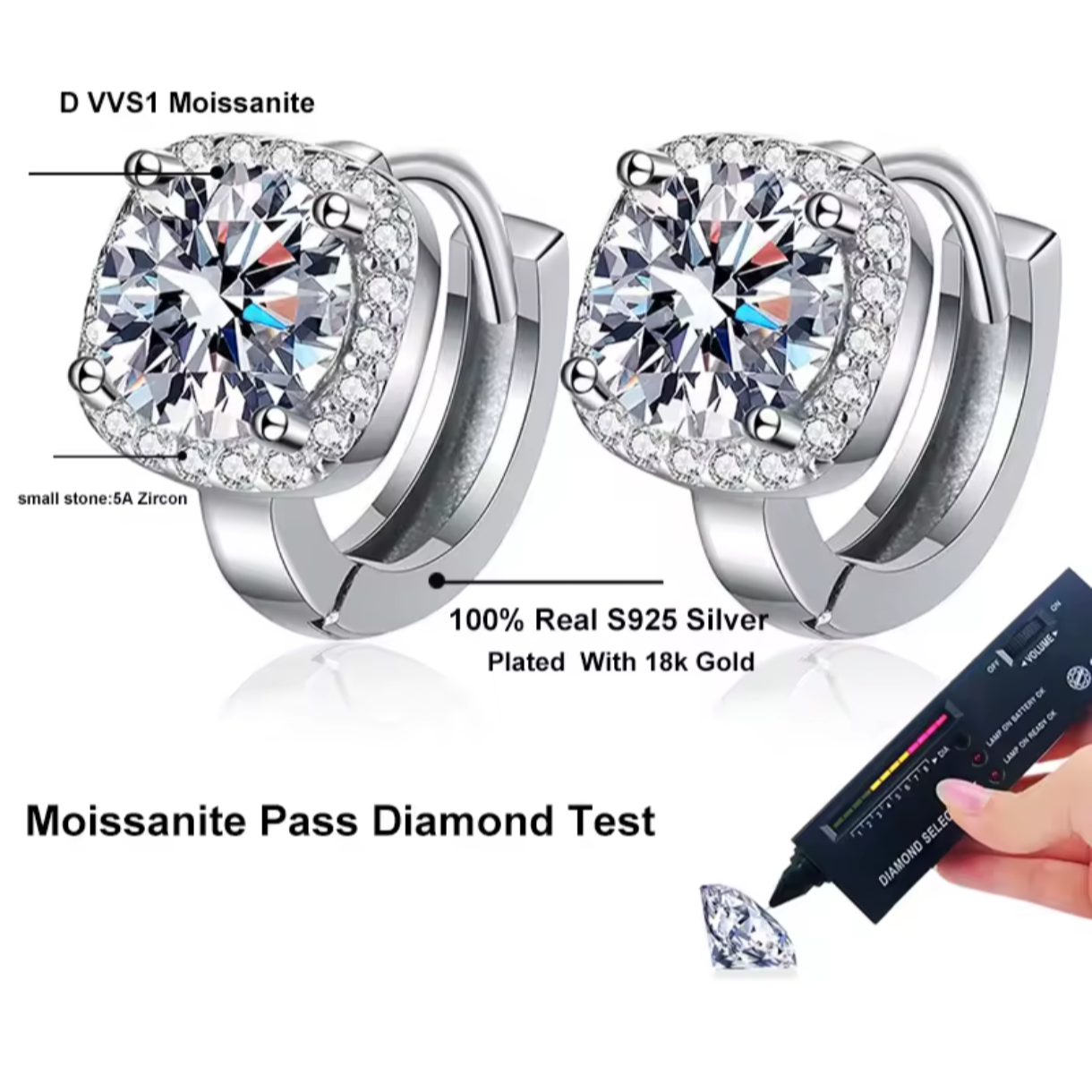 Kolczyki sztyft okrągłe angielski Moissanite srebro925 0.5ct