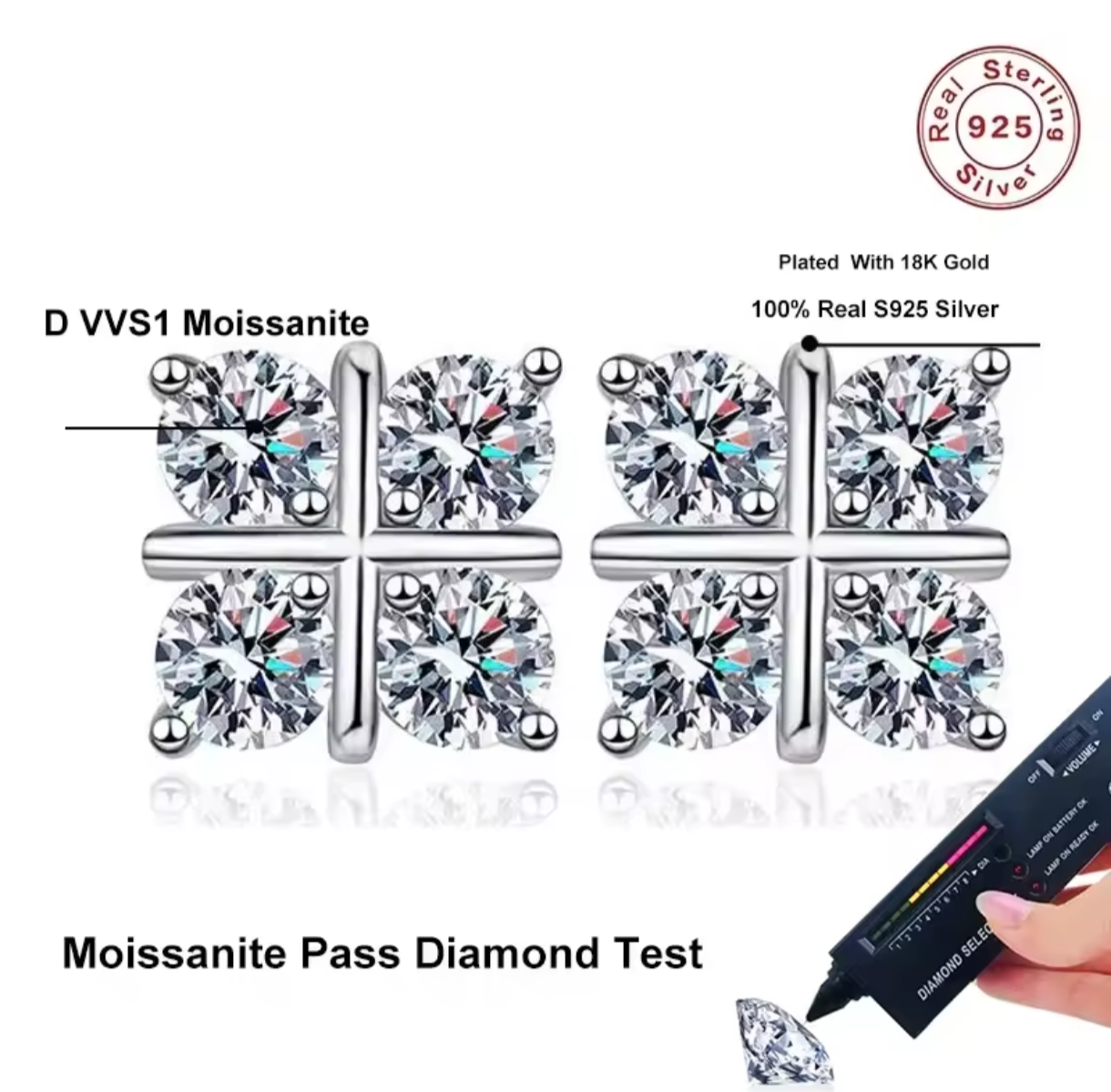 Kolczyki sztyft kwadraty srebro 925 Moissanite