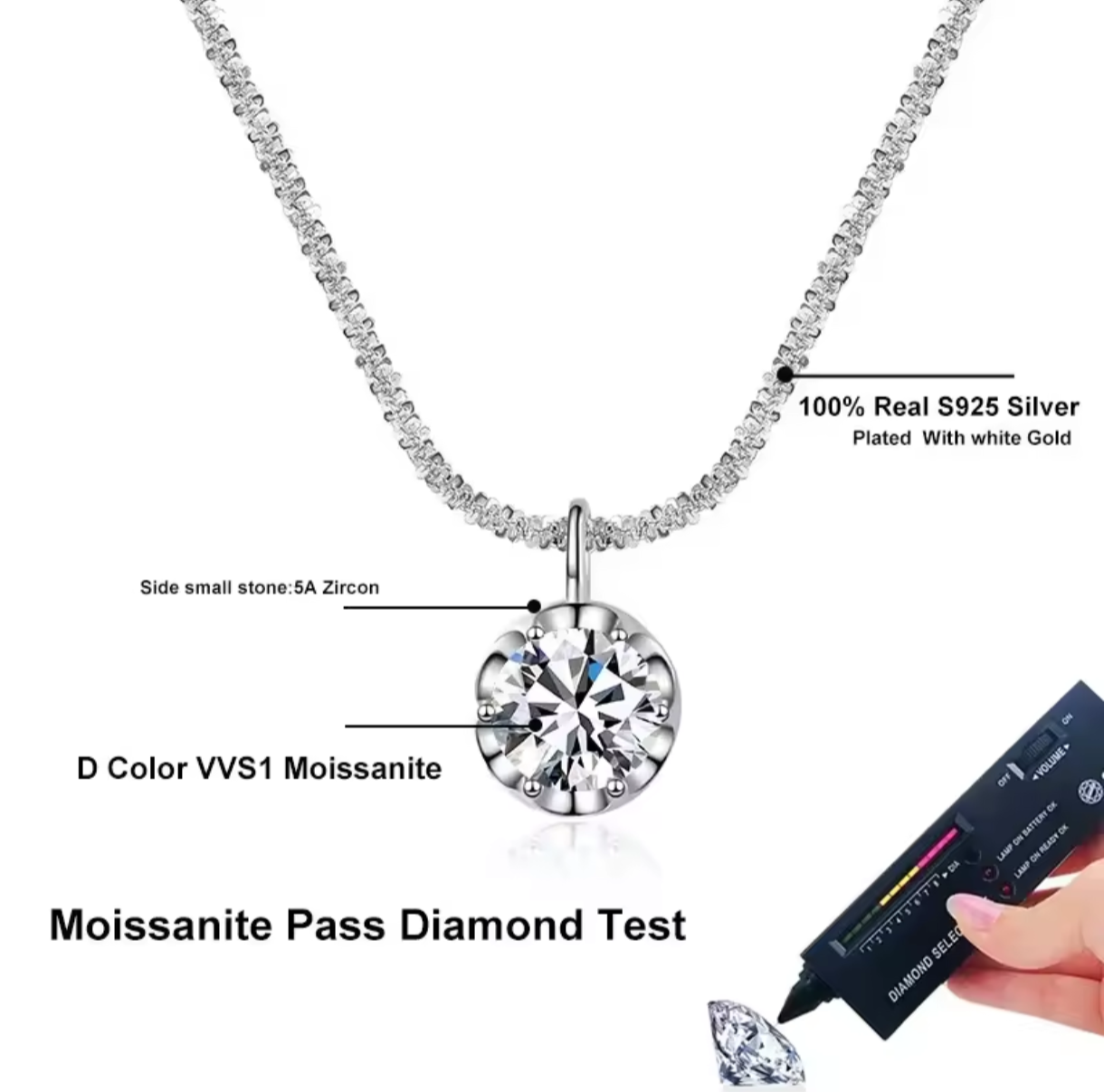 Naszyjnik z moissanitem 1ct i eleganckim łańcuszkiem srebro 925