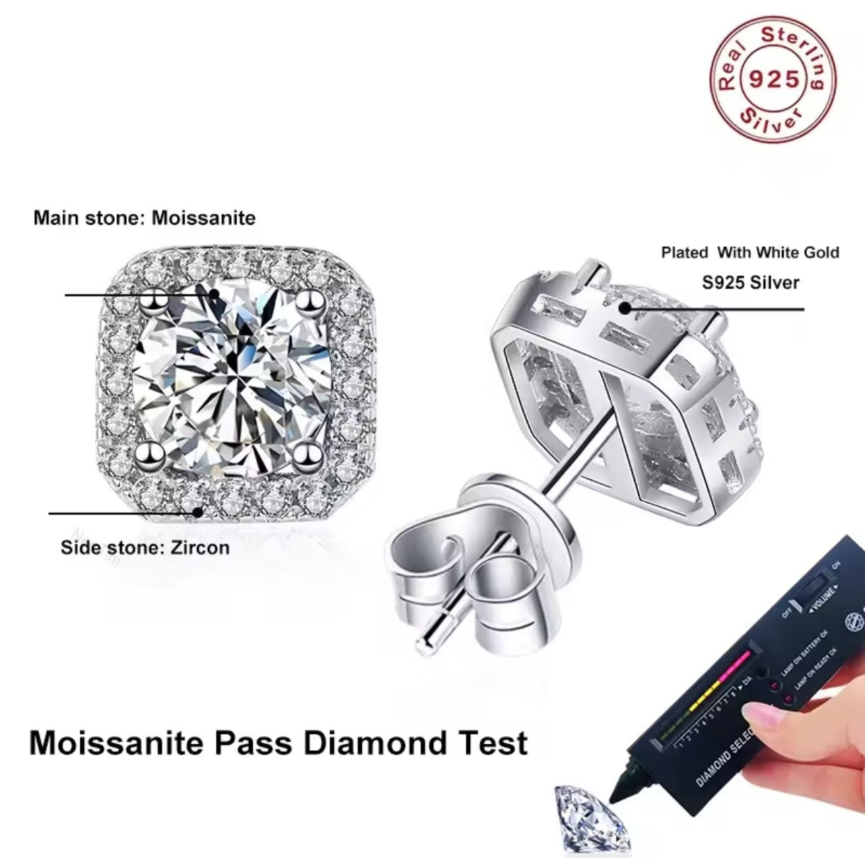 Kolczyki Moissanit srebro 925 0,5 ct z cyrkoniami kwadratowe