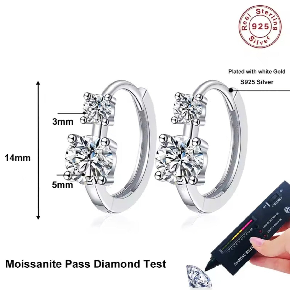 Kolczyki Moissanit srebro 925 0,1 ct 3 mm/0,5 ct 5 mm ct