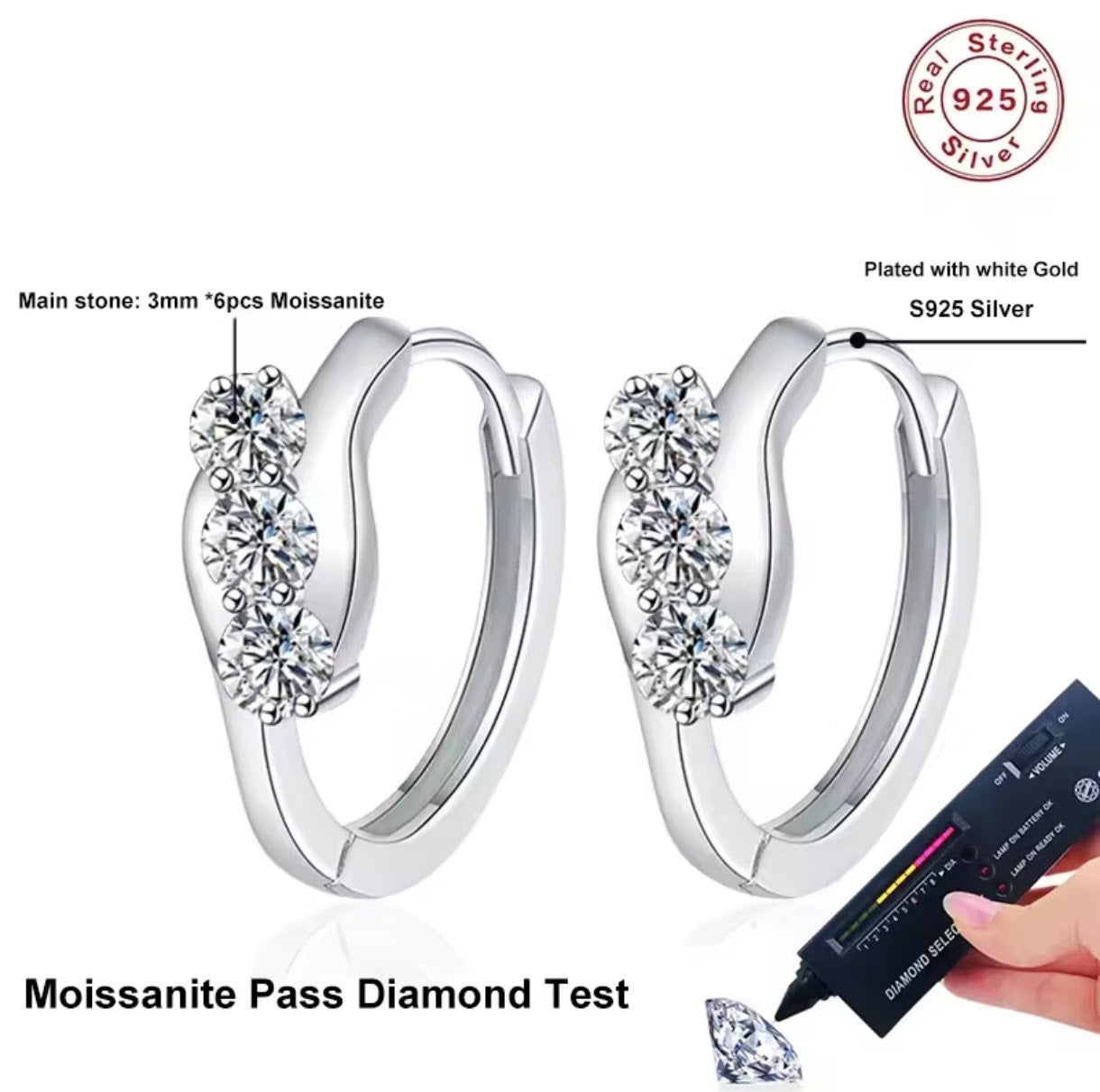 Kolczyki Moissanit koła srebro 925 3mm * 6 sztuk