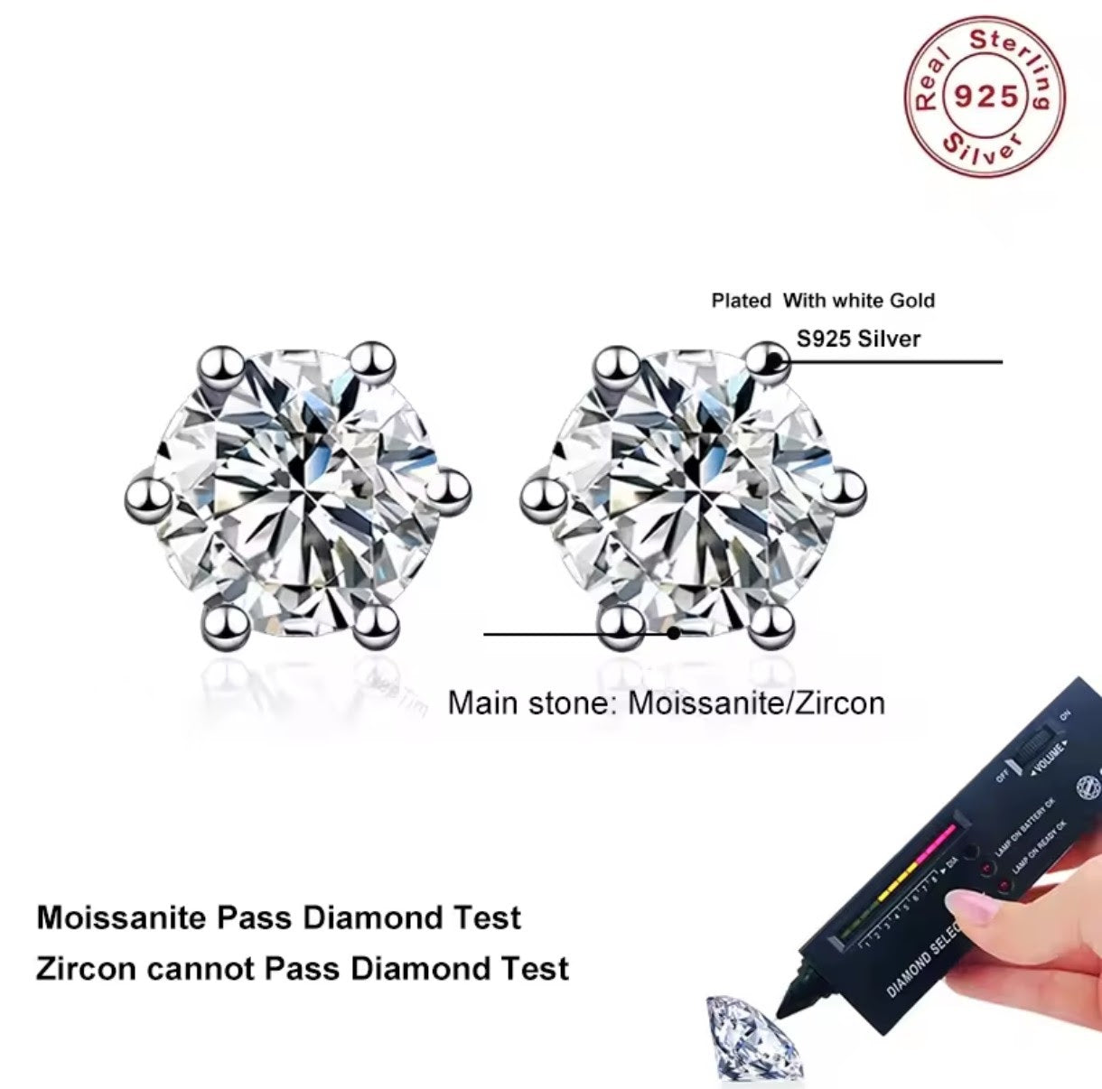 Kolczyki sztyft okrągłe Moissanite srebro 925 0,1 ct